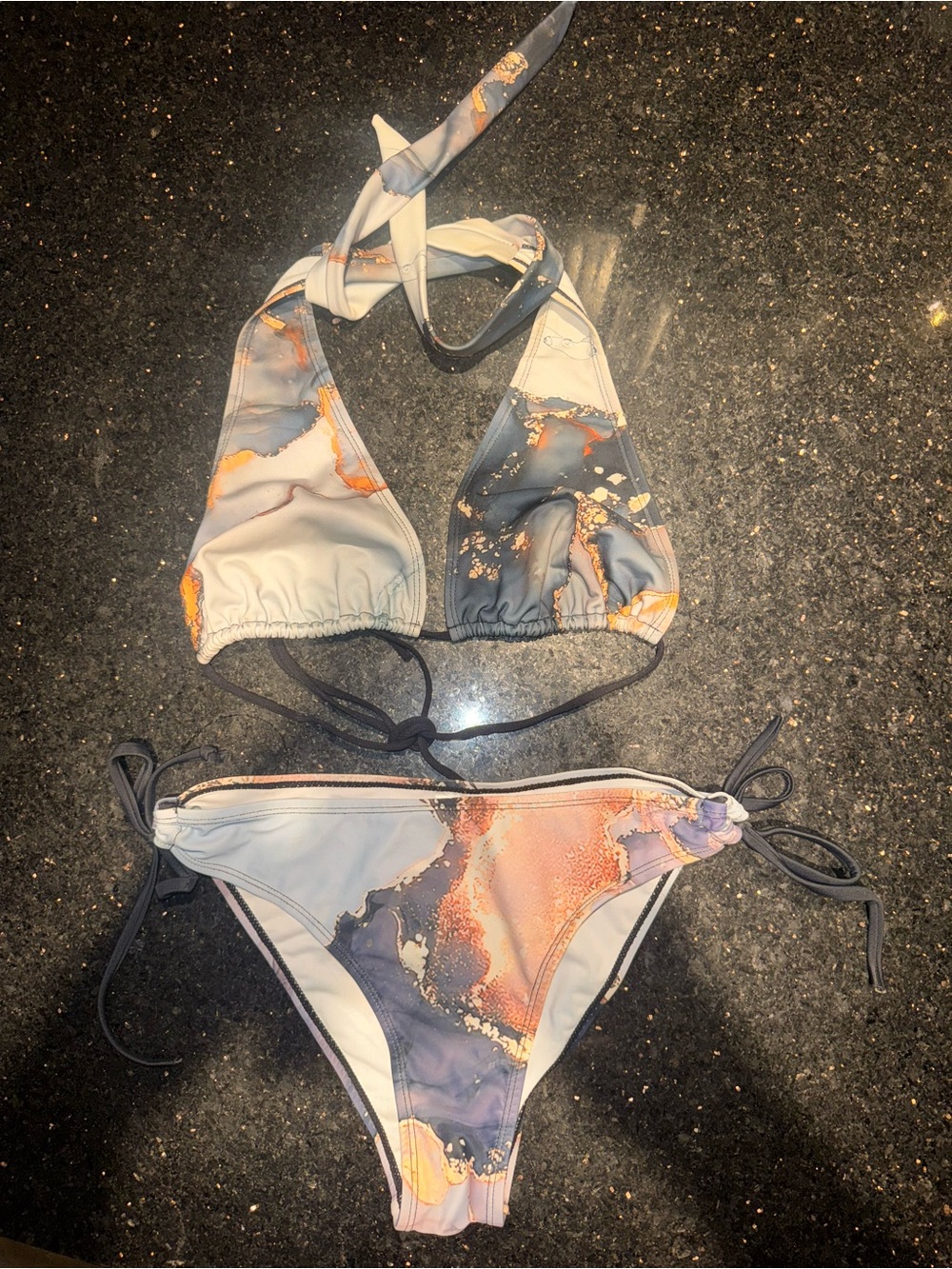 Marbled Halter Bikini Set in Black, Gray and Cream